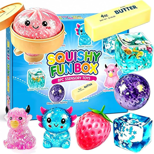 Fun Box 8 Squishy Mistery box Mantequilla, Fresa, Ajolote, Cubo, Need doh, animal