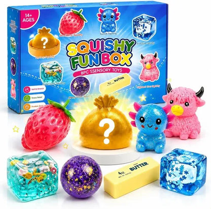 Fun Box 8 Squishy Mistery box Mantequilla, Fresa, Ajolote, Cubo, Need doh, animal