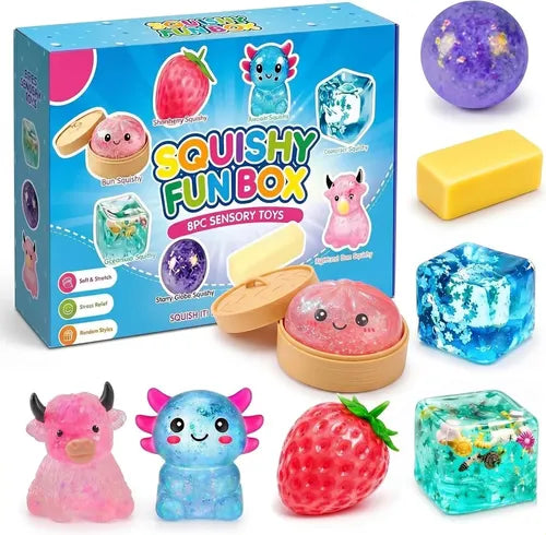 Fun Box 8 Squishy Mistery box Mantequilla, Fresa, Ajolote, Cubo, Need doh, animal