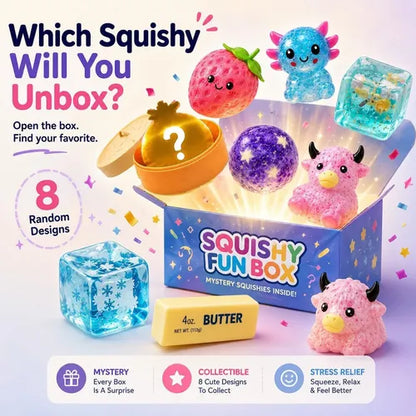 Fun Box 8 Squishy Mistery box Mantequilla, Fresa, Ajolote, Cubo, Need doh, animal