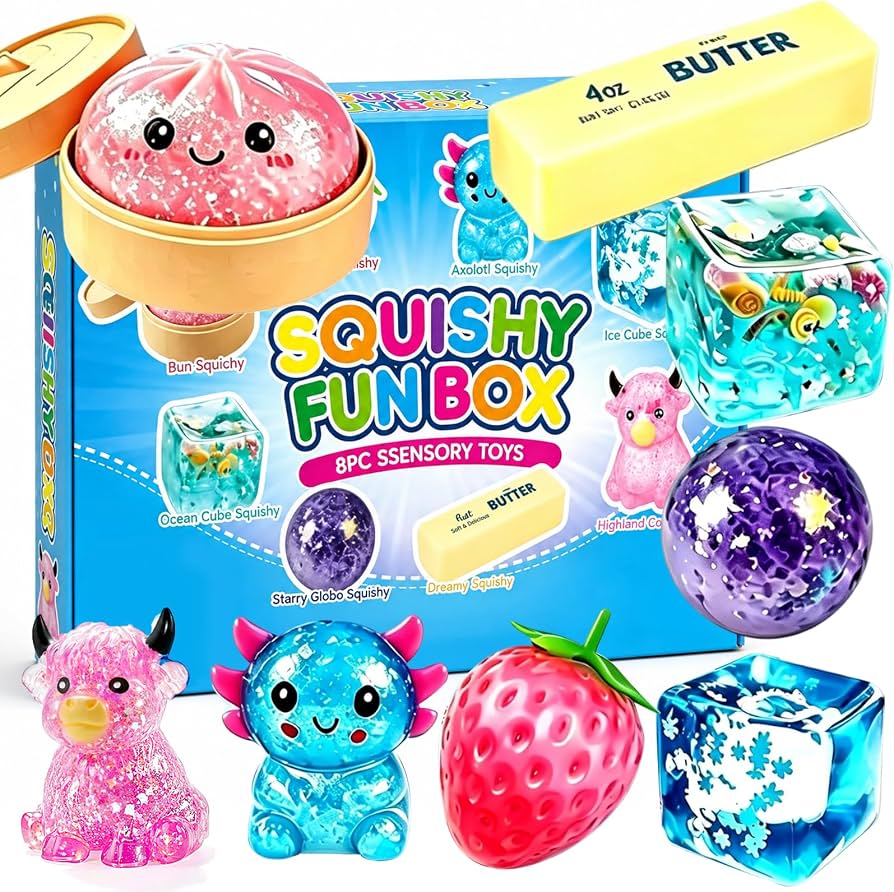 Fun Box 8 Squishy Mistery box Mantequilla, Fresa, Ajolote, Cubo, Need doh, animal